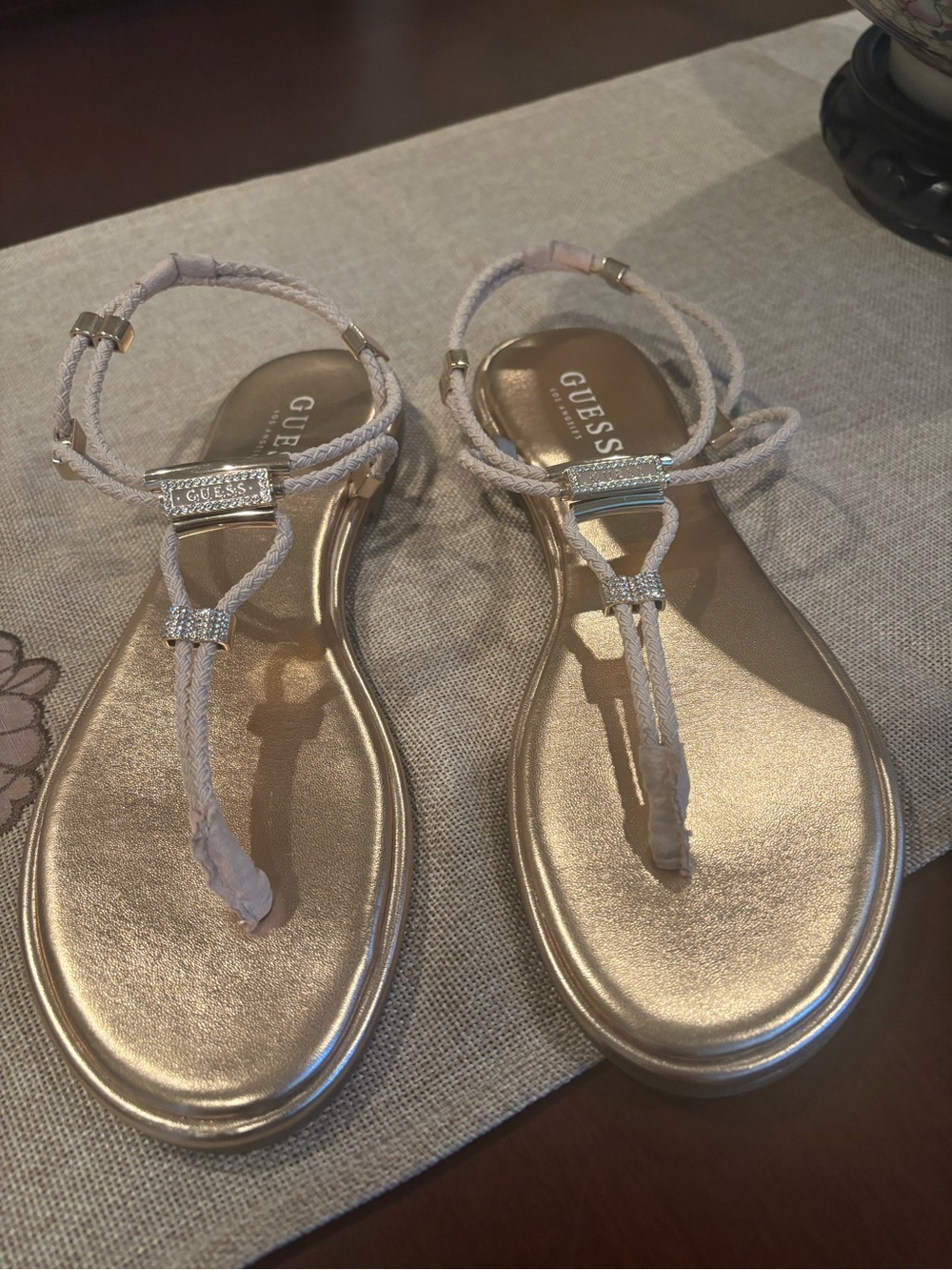 GUESS Gold Braided T-Strap Sandals with Rhinestone Accent Worn Once
